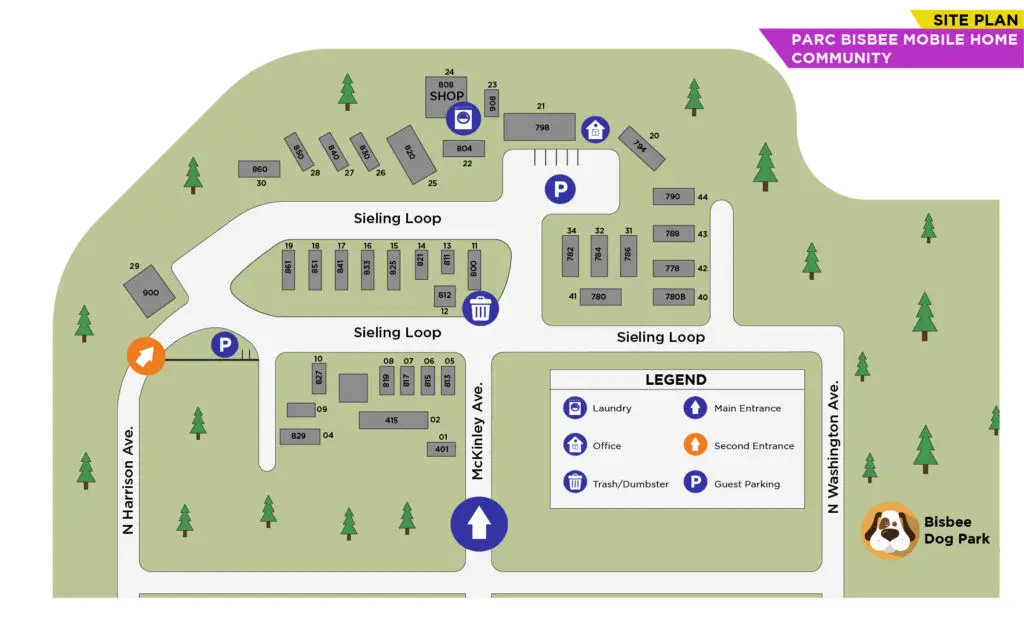Site plan for Parc Bisbee Mobile Home Community in Bisbee, AZ. Features include two Sieling Loop roads, parking areas, and mobile homes numbered 701-710. Park amenities include a bath shop, trash areas, main and second entrances, plus a Bisbee Dog Park. Legend highlights laundry and office locations.
